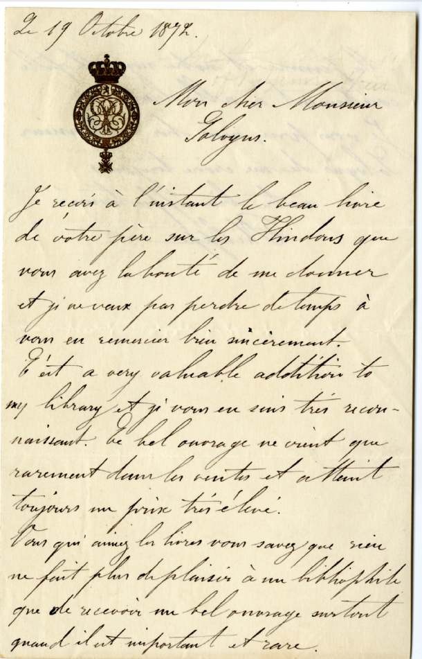 Lettre autographe du comte de Flandre Philippe-Eugène-Ferdinand-Marie au Henri Solvyns