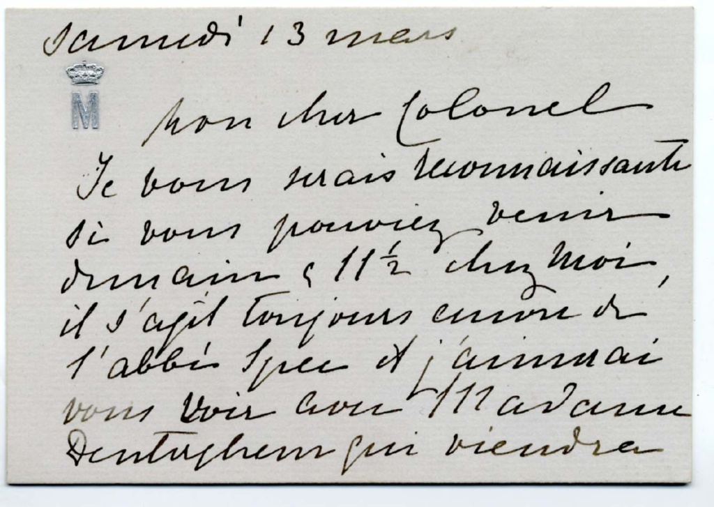 Lettre autographe de la comtesse de Flandre Marie-Louise-Alexandrine-Caroline au colonel Harry Jungbluth