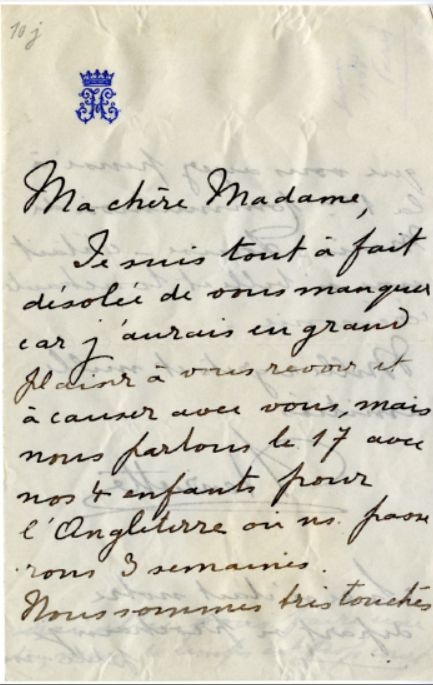 Lettre autographe de la duchesse de Vendôme et princesse de Belgique, Henriette à madame Mary Warocqué