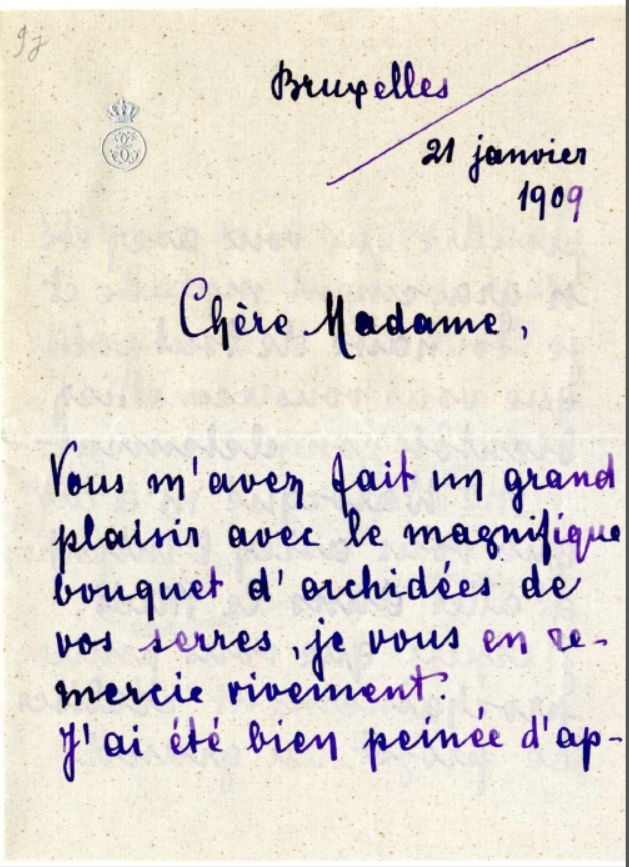 Lettre autographe de la reine des Belges, Elisabeth à madame Mary Warocqué Orville