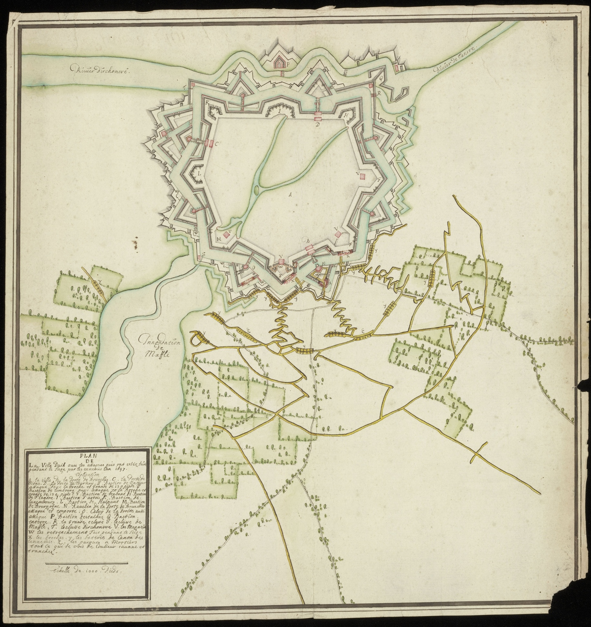 Plan de la ville Dath [d'Ath] avec les attaques quis ont estez faites pendant le siège par les ennemis l'an 1697