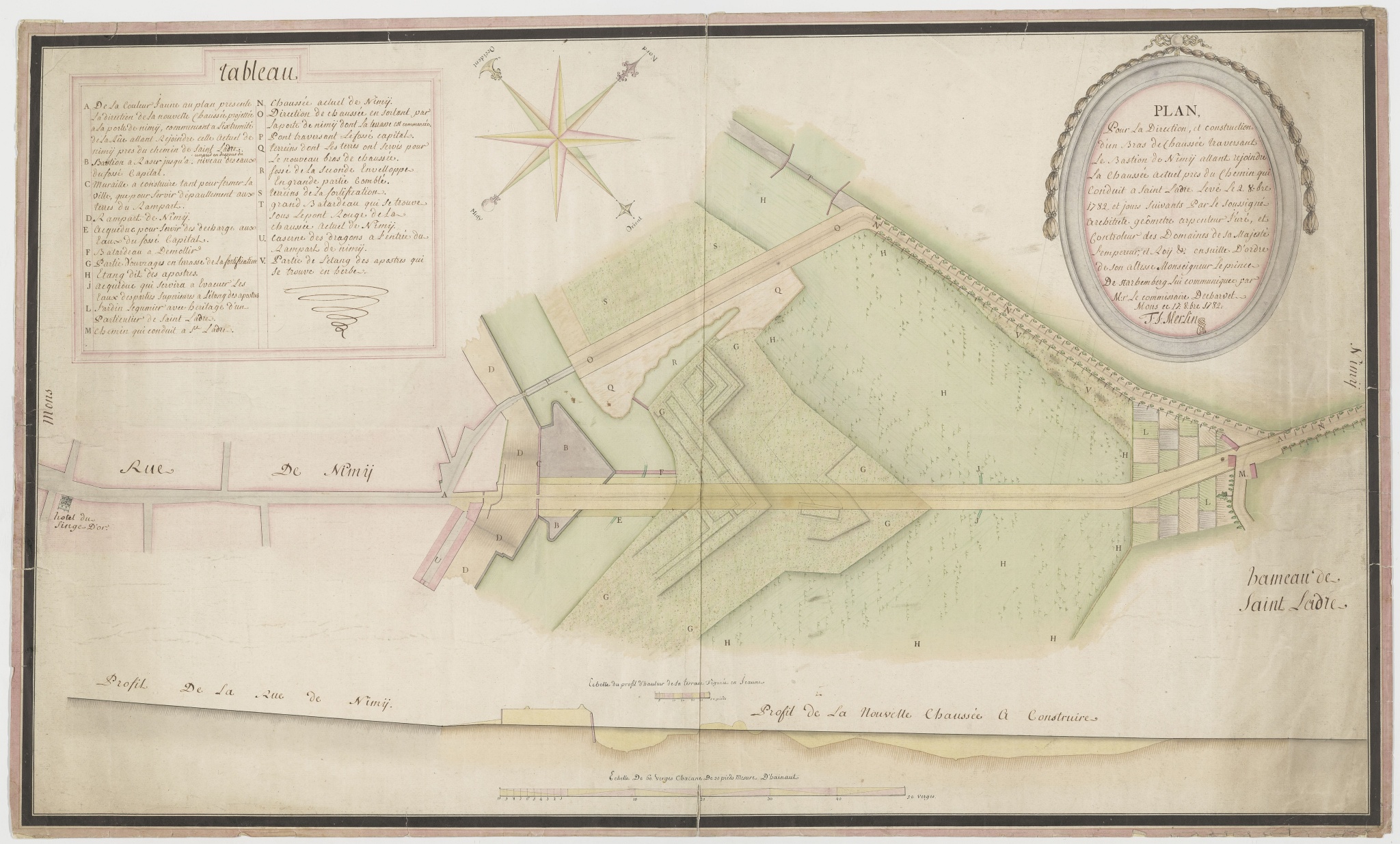 Plan pour la direction et construction d'un bras de chaussée traversant le bastion de Nimy… levé le 2 octobre 1782 et jours suivants par le soussigné architecte géomètre arpenteur… T. J. Merlin