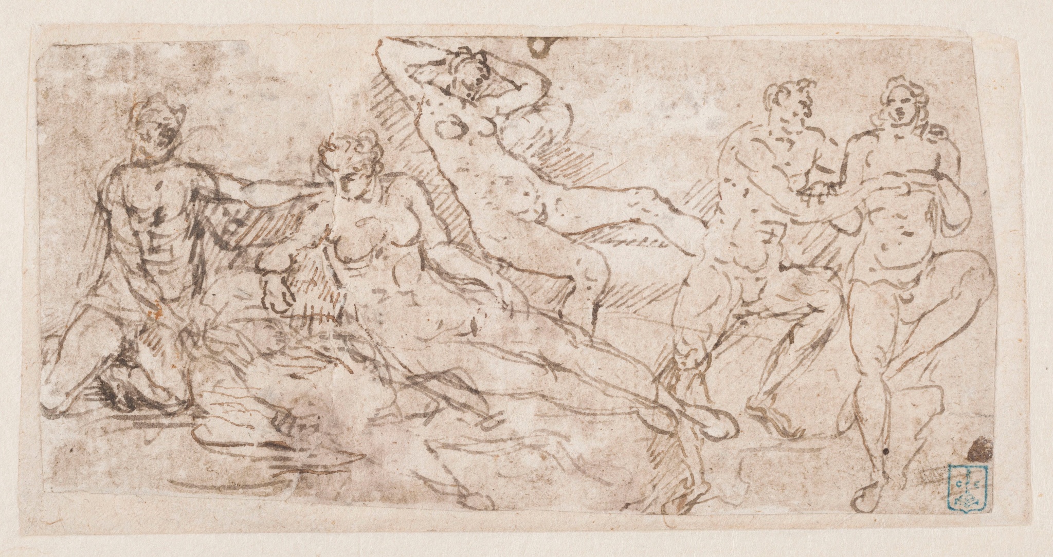 Pan, Apollon et trois figures nues assises