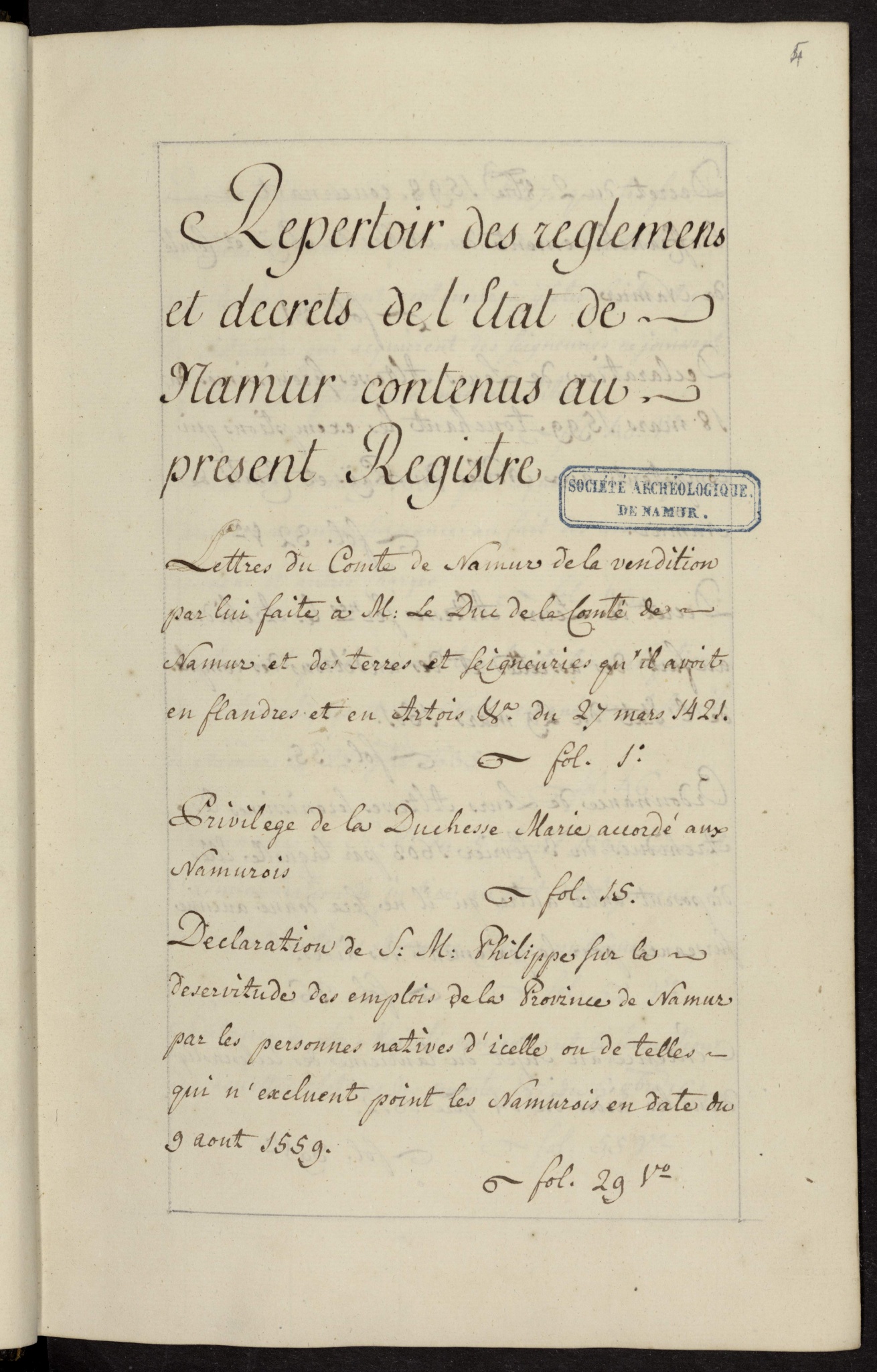 Règlements et décrets concernant l’Etat de Namur