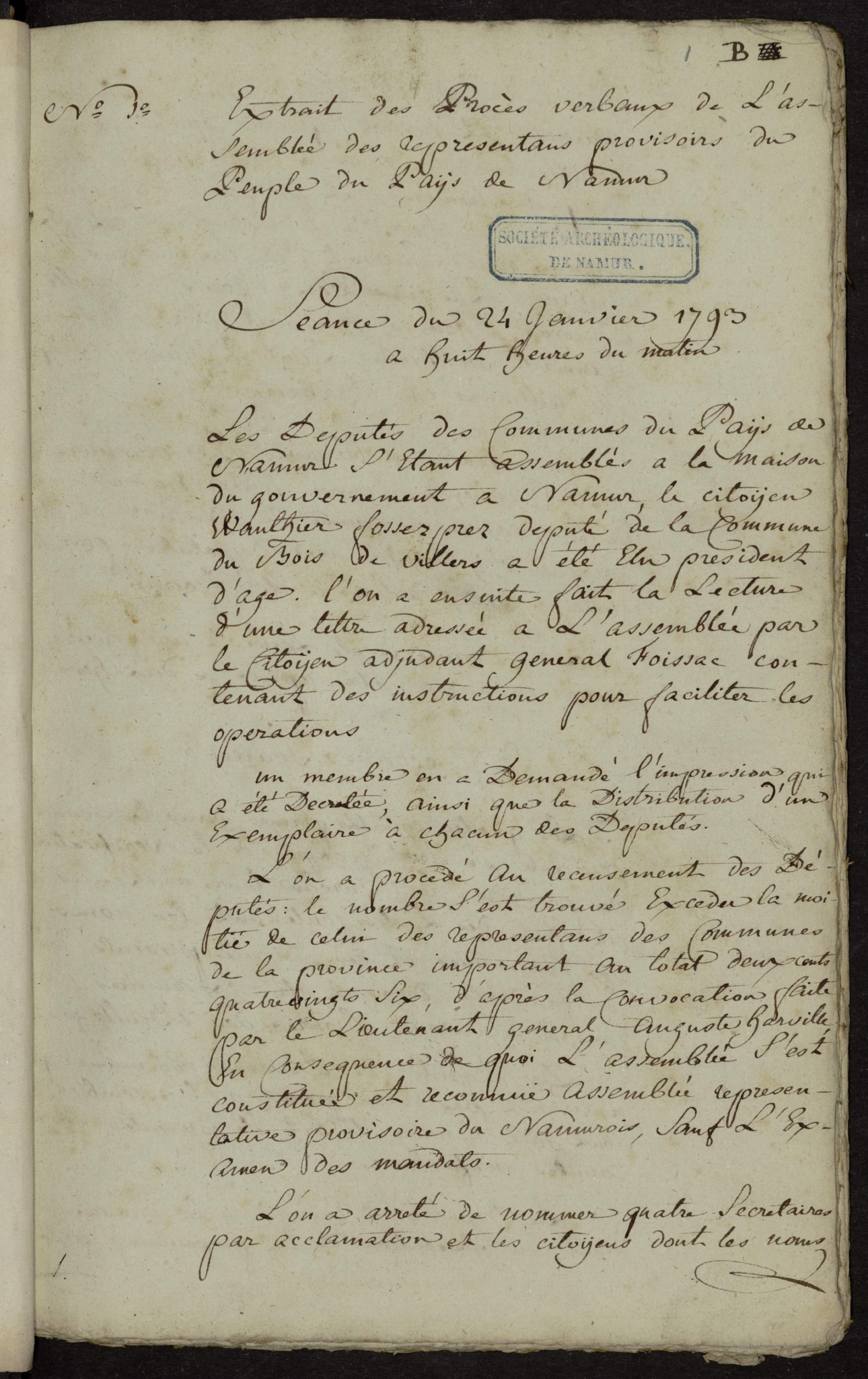 Extraits des procès-verbaux de l’assemblée des Représentants provisoires de Namur, 1793