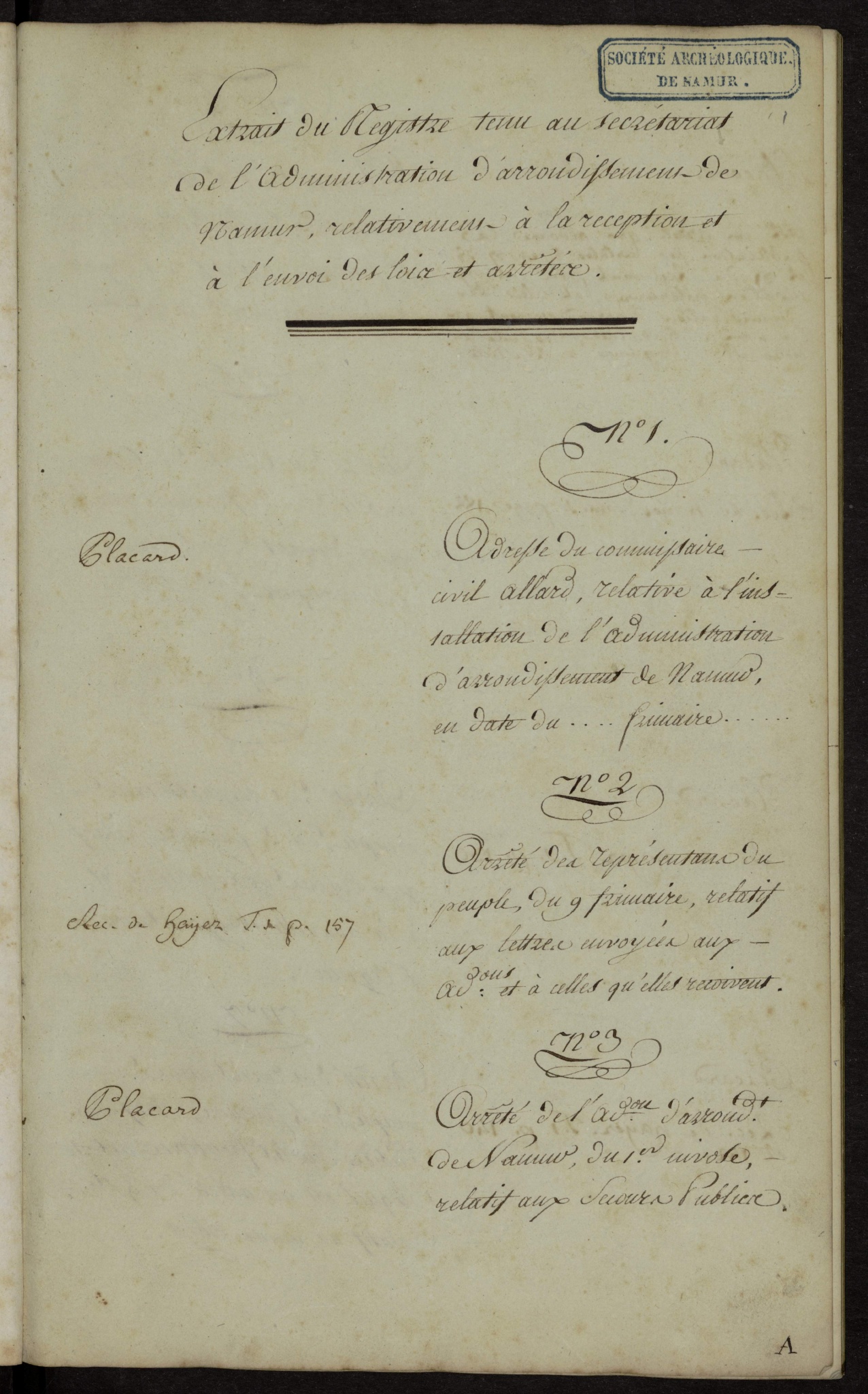 Extraits des registres des administrations centrale et d’arrondissement de Namur (période française)