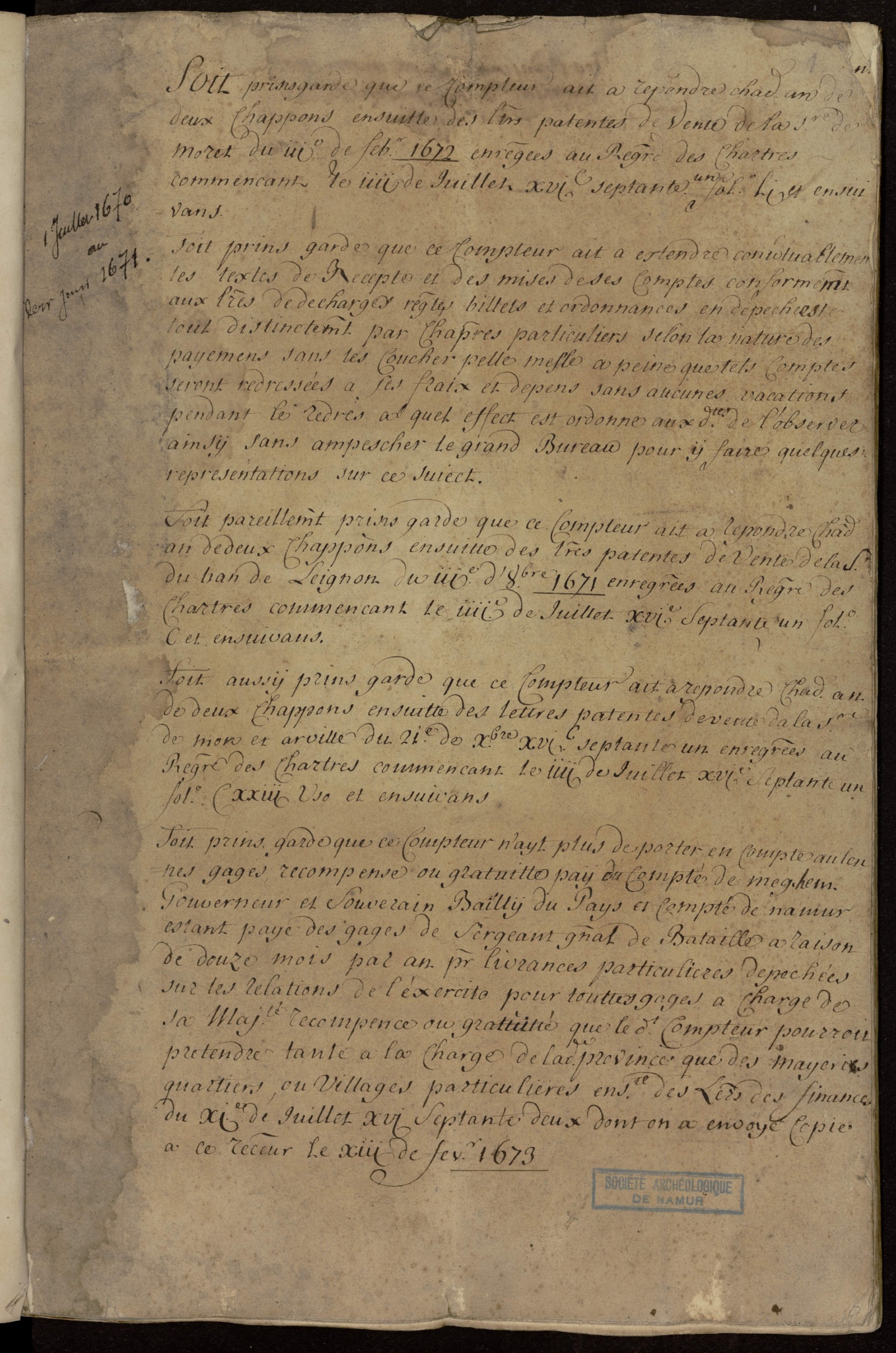Compte de la recette générale de Namur, 1670-1671