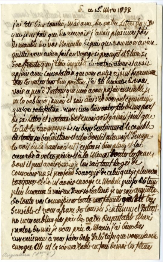 Lettre autographe de la duchesse d'Angoulême, Marie-Thérèse Charlotte de France à la marquise de Pastoret, Adélaïde-Anne-Louise Piscatory de Vaufreland