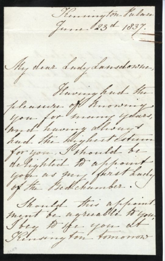 Lettre autographe de la reine de Grande-Bretagne et d'Irlande, Impératrice des Indes, Victoria à la marquise Louisa Lansdowne