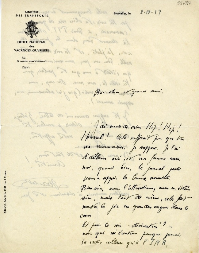 Lettre autographe de monsieur Arthur Haulot à monsieur Charles Plisnier