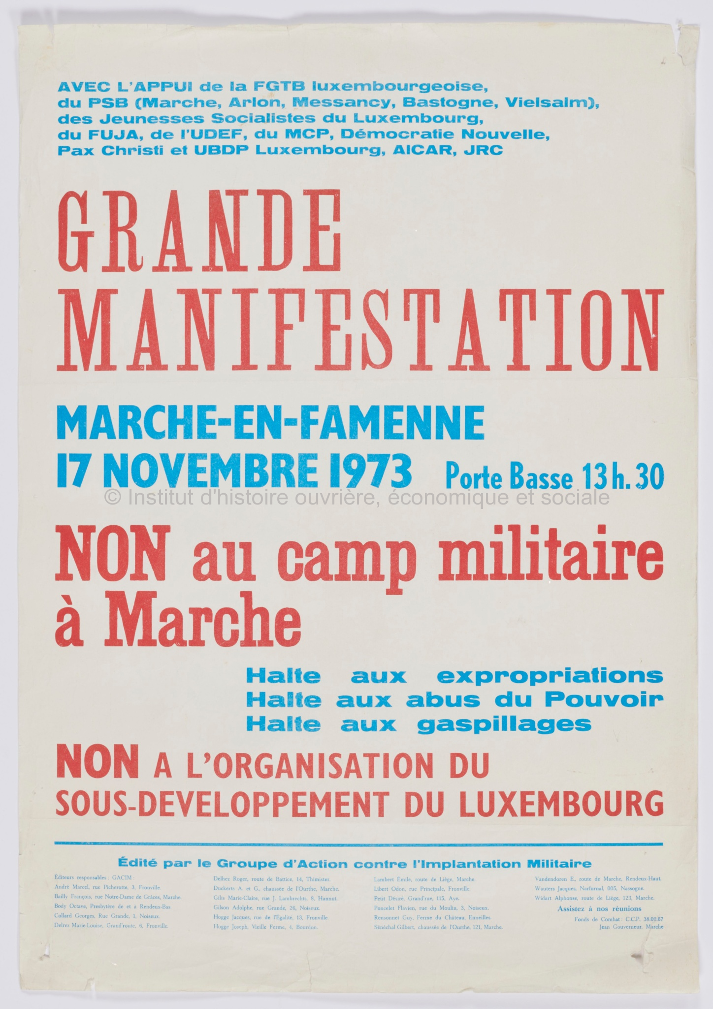 Grande manifestation : Marche-en-Famenne, 17 novembre 1973 : non au camp militaire de Marche
