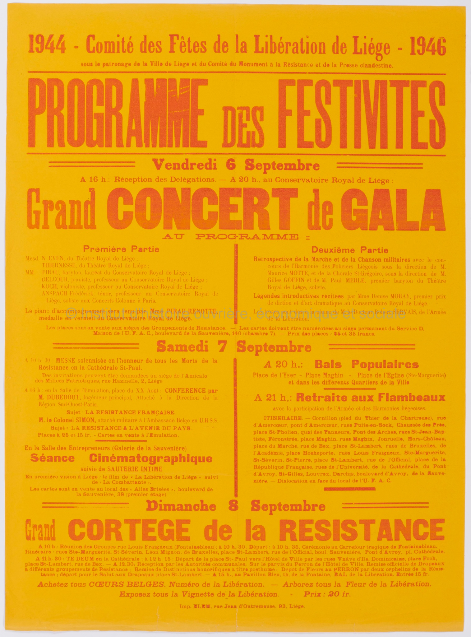 1944-1946 : Comité des fêtes de la libération de Liège : programme des festivités