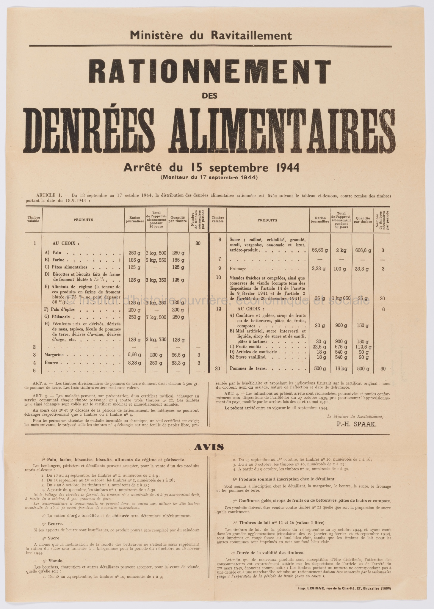 Rationnement des denrées alimentaires : Arrêté du 15 septembre 1944 (Moniteur du 17 septembre 1944)