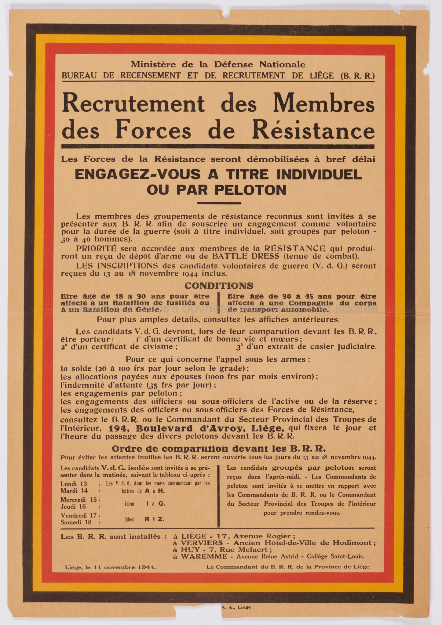 Ministère de la défense nationale, Bureau de recensement et de recrutement de Liège (BRR). Recrutement des membres des Forces de résistance