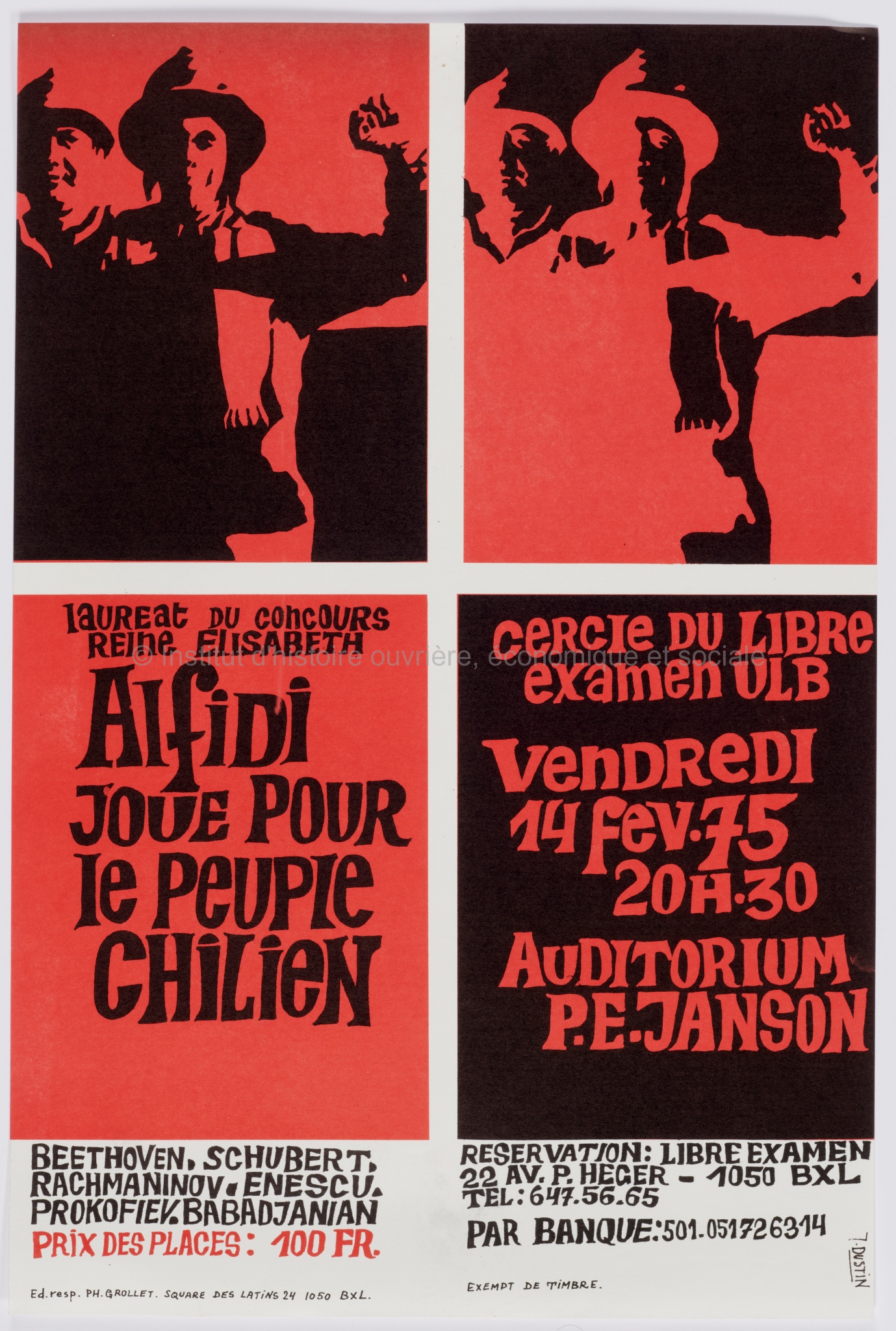 Lauréat du concours reine Elisabeth, Alfidi joue pour le peuple chilien. Cercle du libre examen ULB. Vendredi 14 fev. 75 20h30. Auditorium P.E. Janson