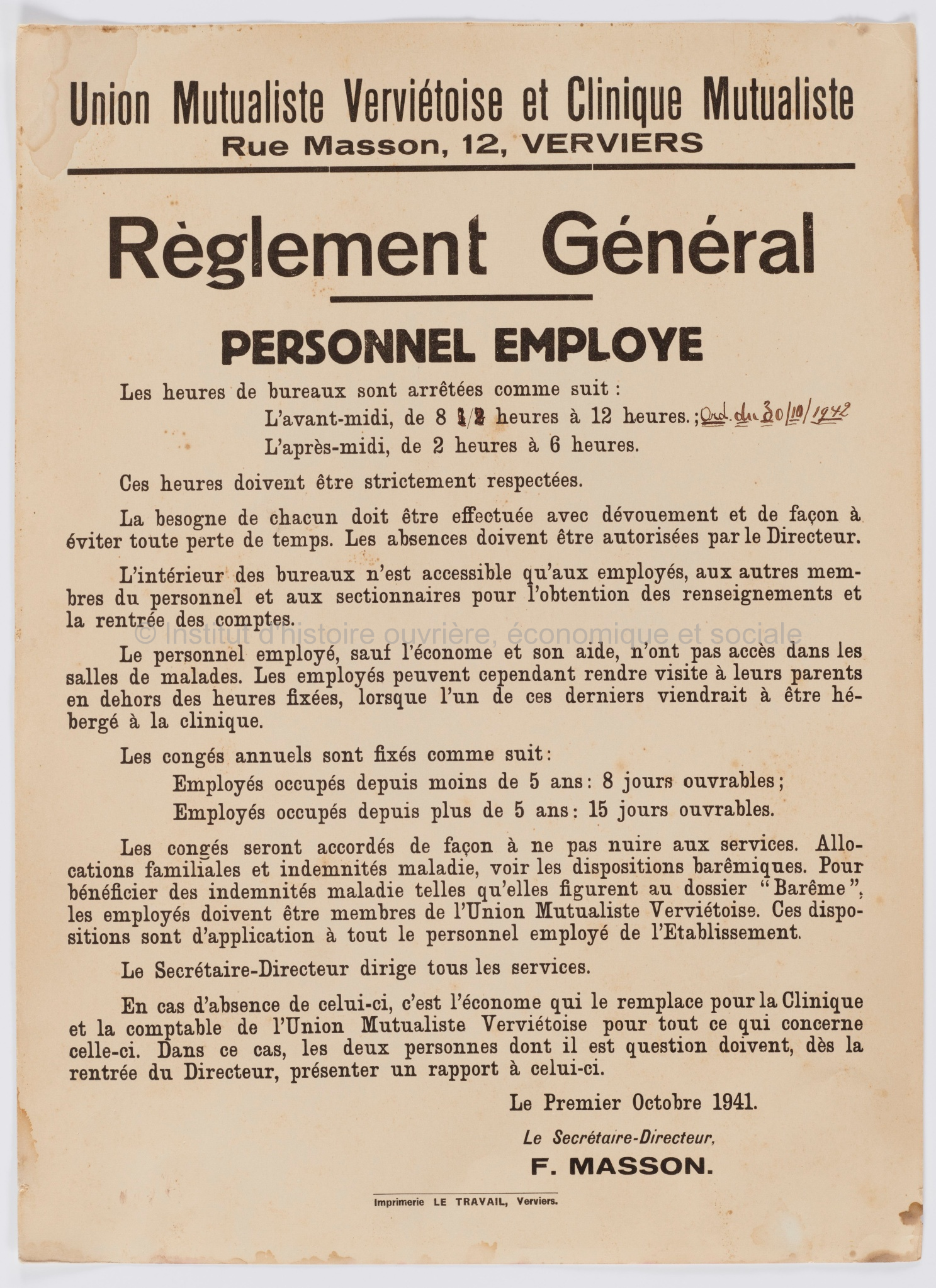 Union mutualiste verviétoise et Clinique mutualiste : règlement général : personnel employé / F. Masson