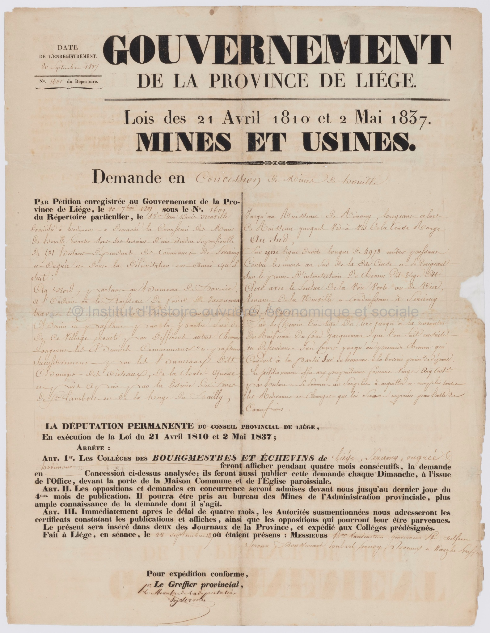 Gouvernement de la Province de Liège : lois des 21 avril 1810 et 2 mai 1837 : mines et usines : demande en concession de mine de houille