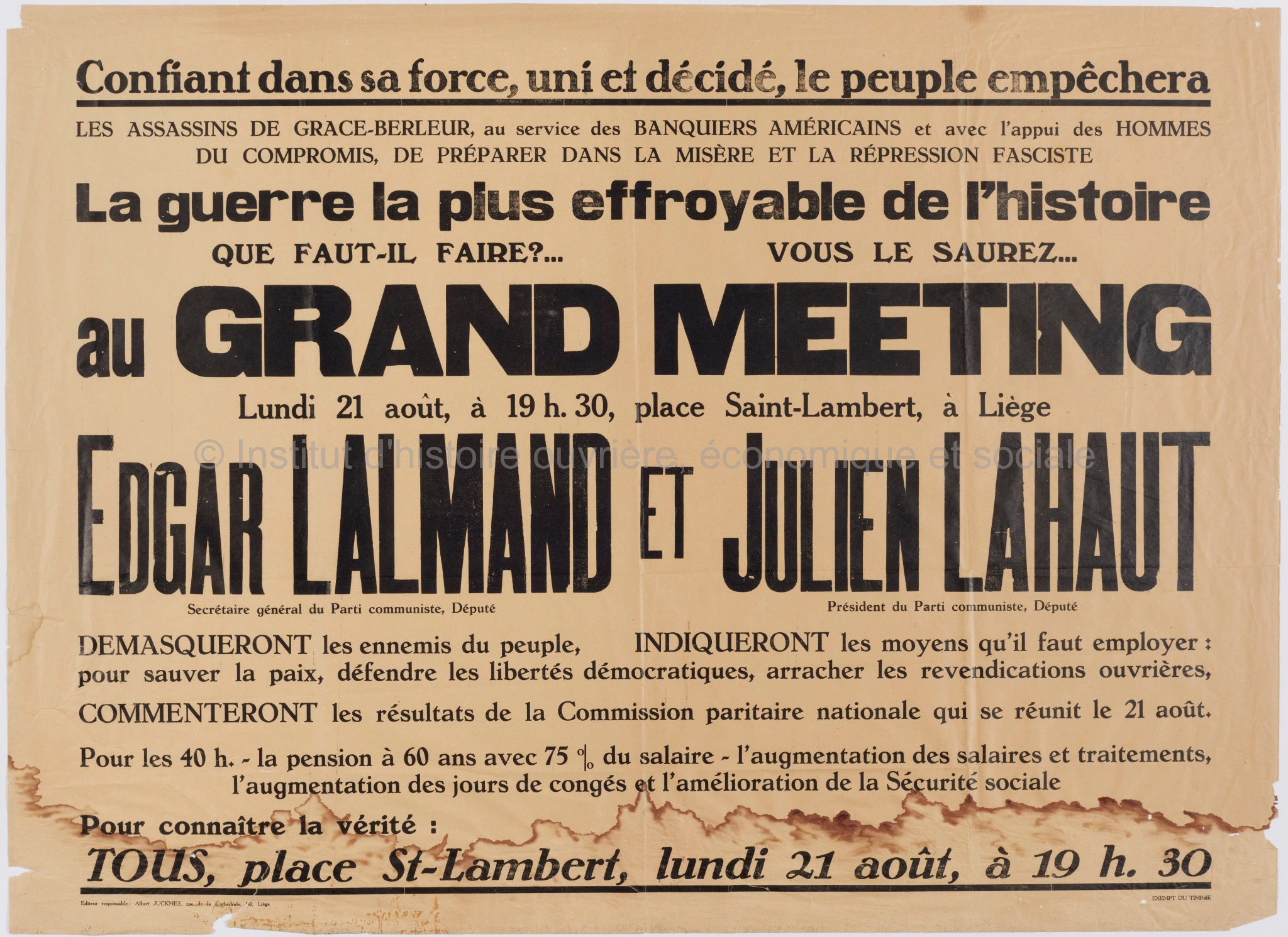 Grand meeting : lundi 21 août, à 19h30, place Saint-Lambert à Liège : Edgar Lalmand et Julien Lahaut