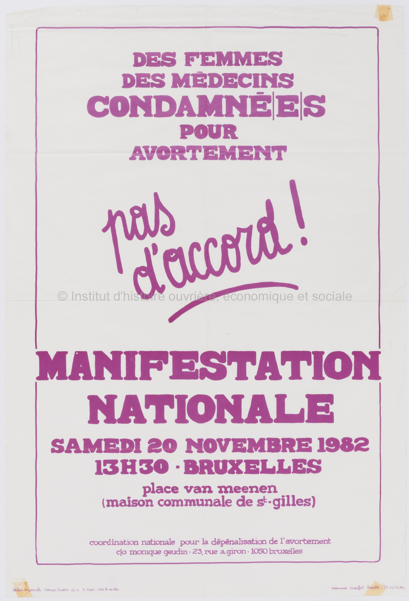 Des femmes, des médecins condamné(e)s pour avortement : pas d'accord ! : manifestation nationale, samedi 20 novembre 1982