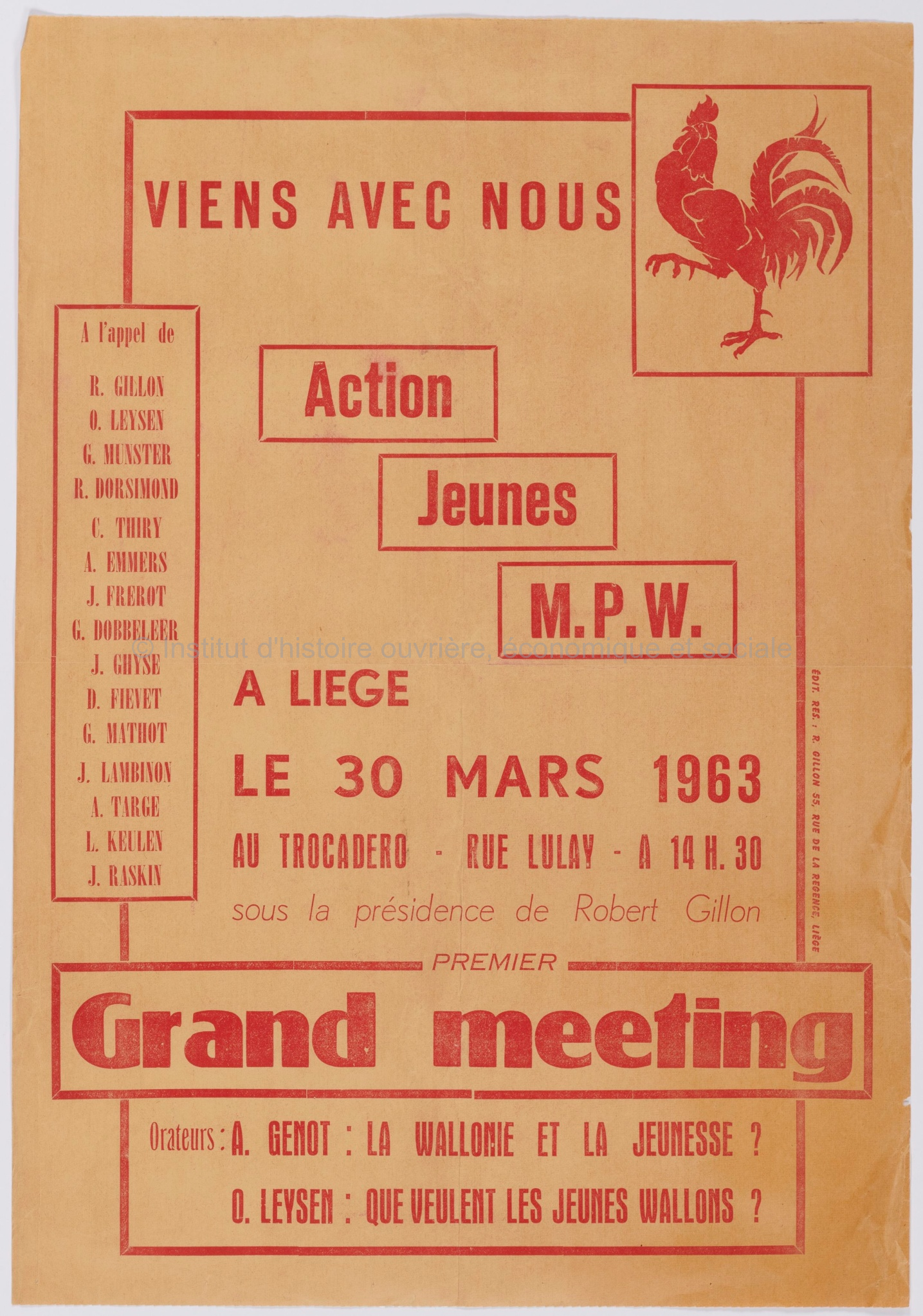 Action jeunes MPW : viens avec nous à Liège le 30 mars 1963 : premier grand meeting
