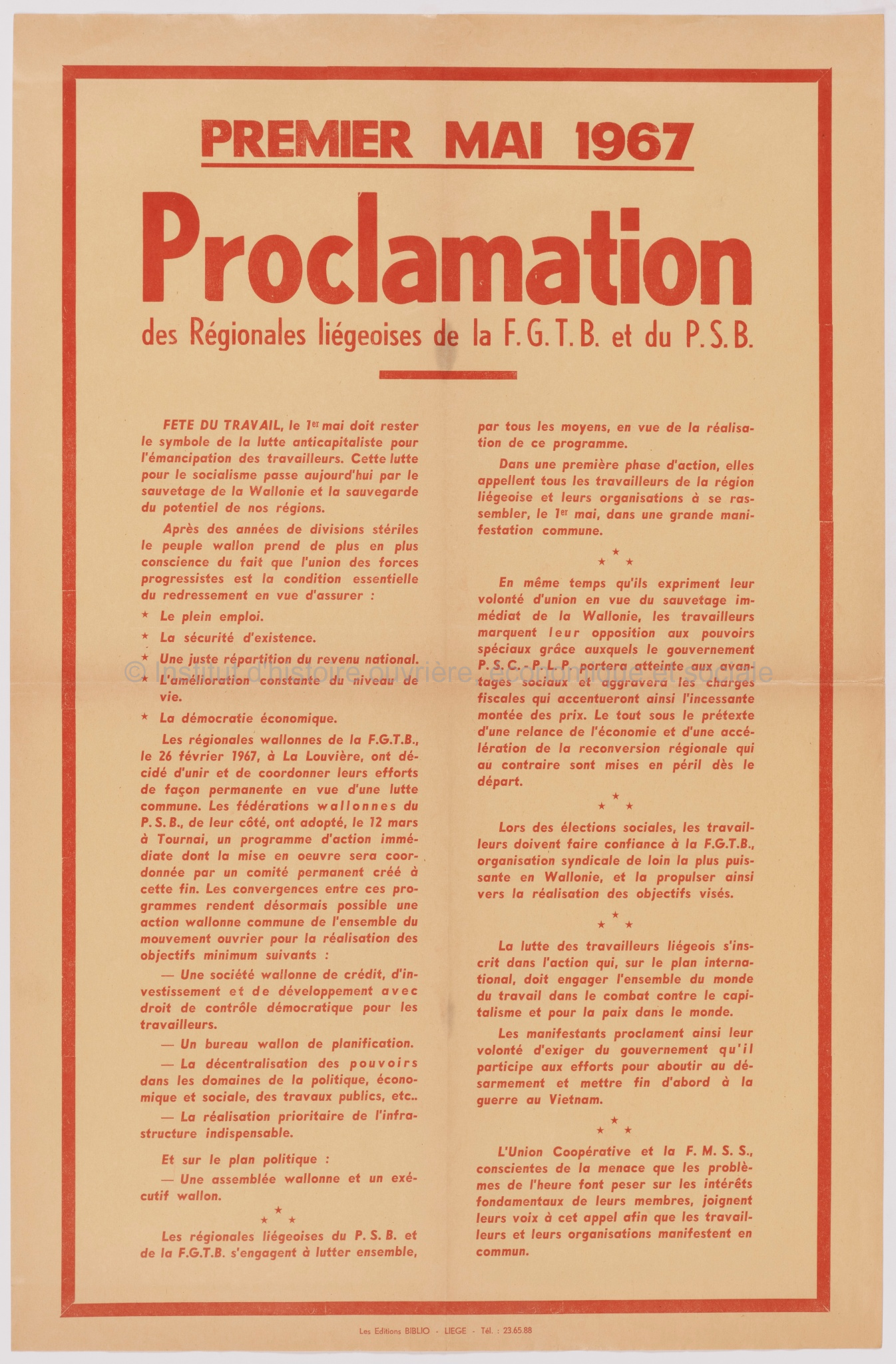 Premier mai 1967 : proclamation des régionales liégeoises de la FGTB et du PSB