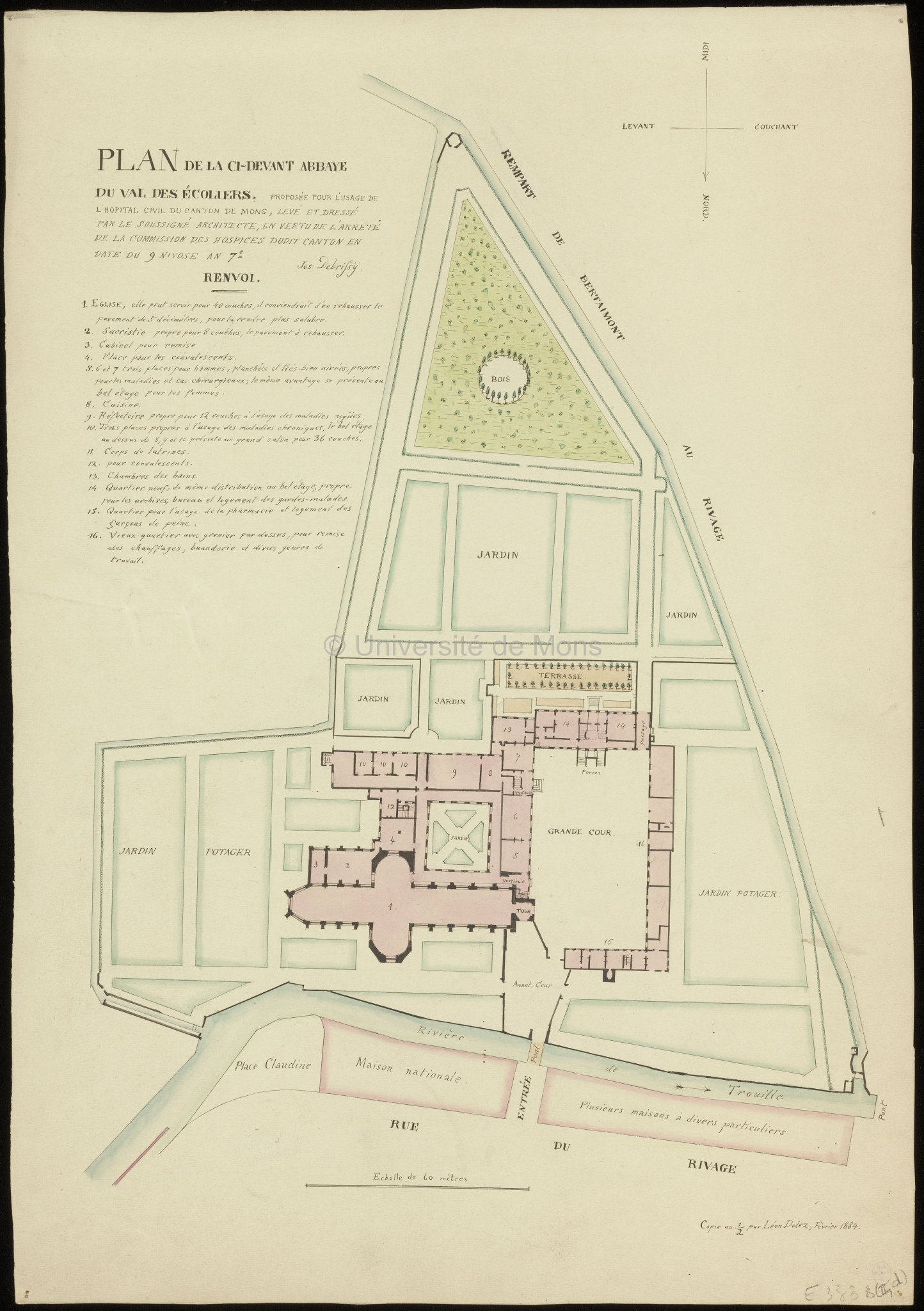 Plan de la ci-devant abbaye du Val des Ecoliers proposée pour l'usage de l'hôpital civil du canton de Mons levé et dressé … Jos. Debrissy