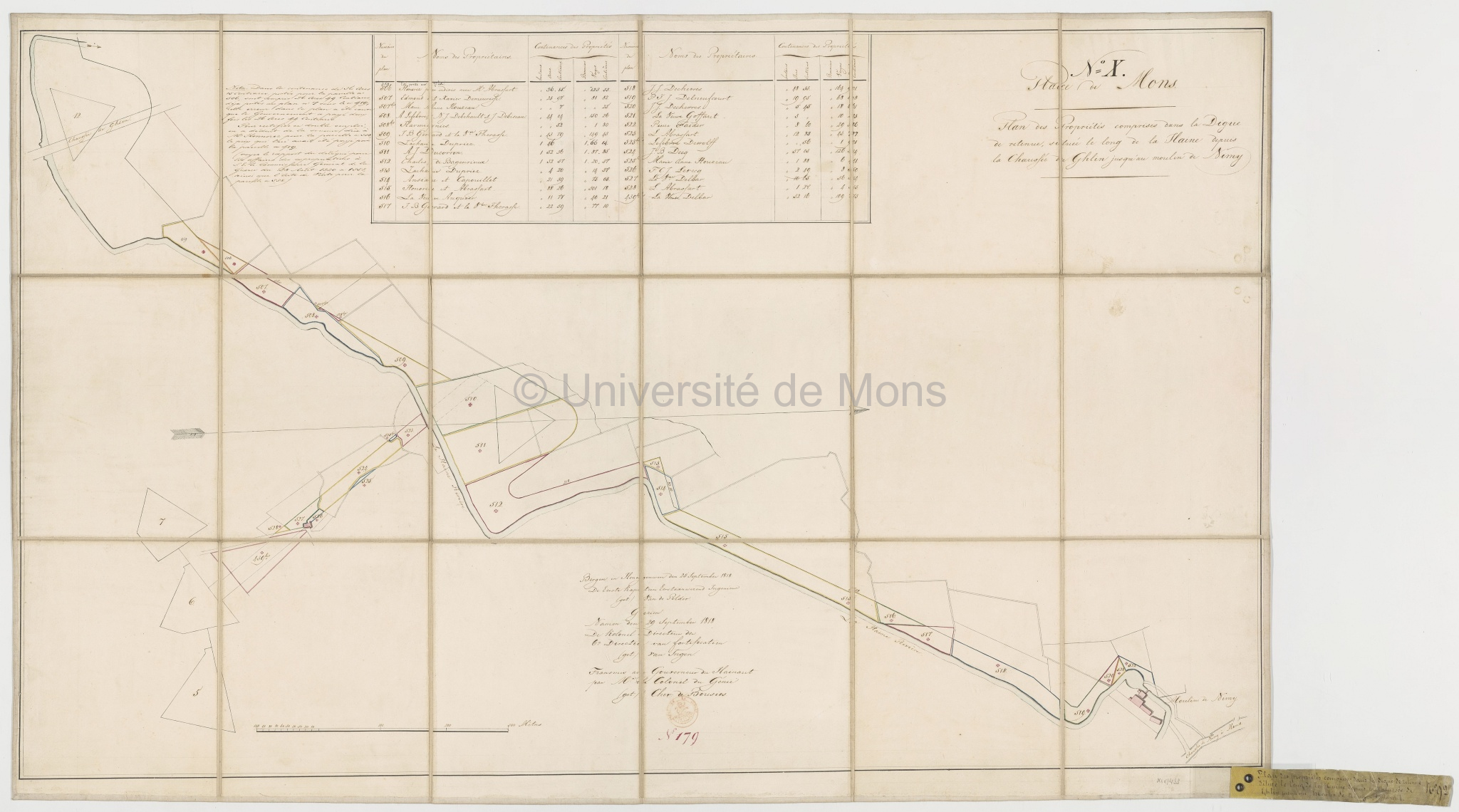 Plan des propriétés comprises dans la Digue de retenue située le long de la Haine depuis la Chaussée de Ghlin jusqu'au moulin de Nimy