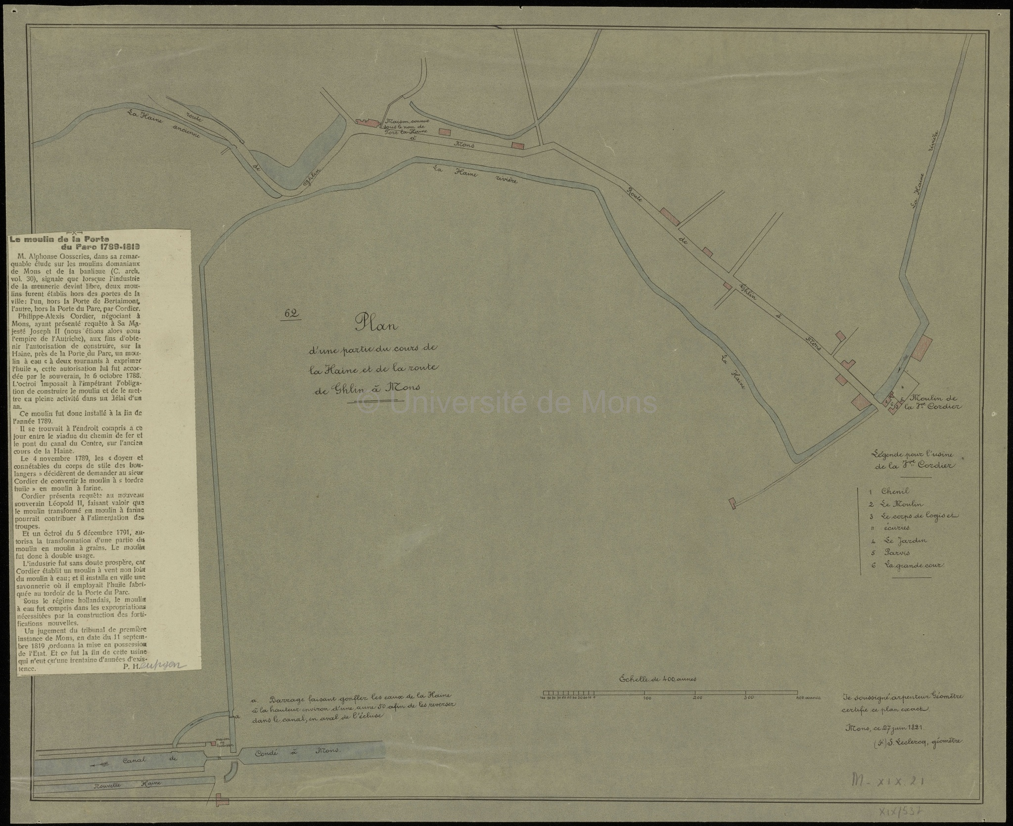 Plan d'une partie du cours de la Haine et de la route de Ghlin à Mons