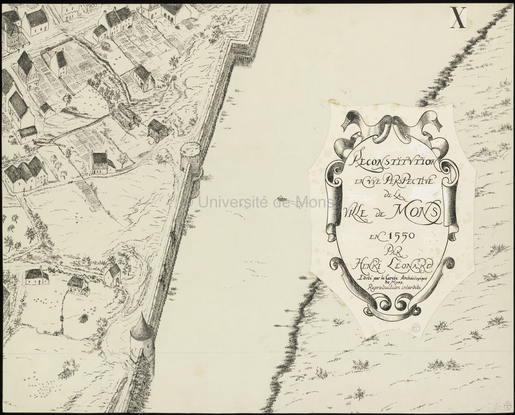 Reconstitution en vue perspective de la ville de Mons en 1550 : planche X