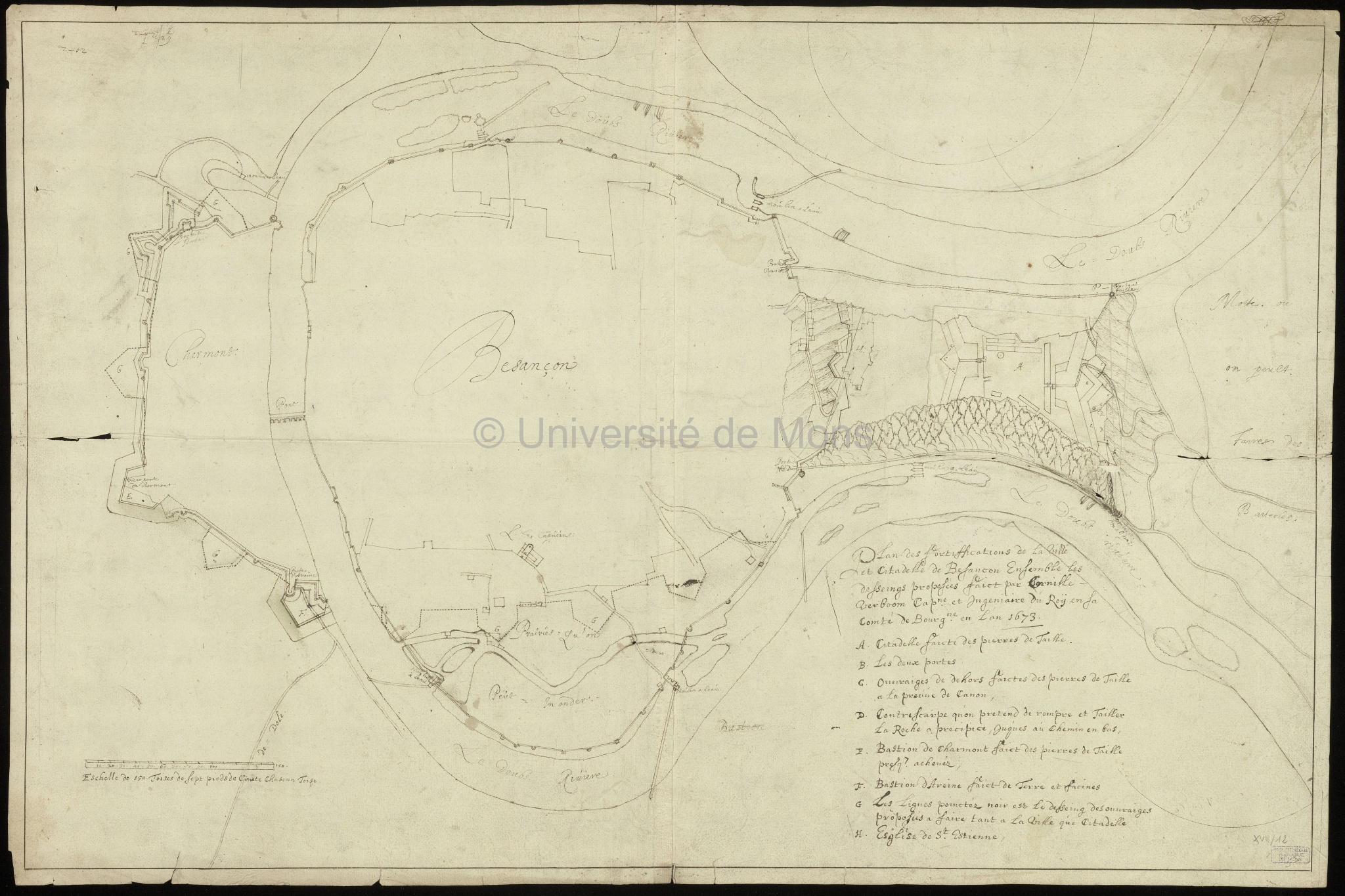 Plan des fortifications de la ville de Besancon(sic) ensemble les desseings proposées par Cornille Verboom, capitaine et ingénieur du Roÿ en sa comté de Bourgogne en l'an 1679